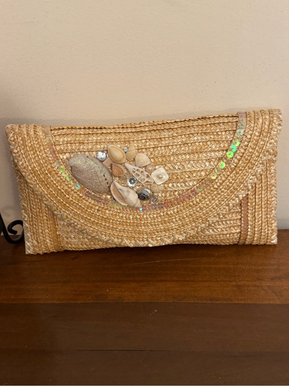 Cappelli Straworld Straw Sequin Envelope Clutch With Sea Seashell